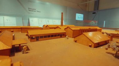 Çeşitli binalar, uzun bir baca ve küçük figürlerin yer aldığı bir fabrika kompleksinin detaylı bir modeli, hepsi kumlu bir zeminde. Sahne, arka planda bilgilendirme panelleri olan bir müze ortamında gösteriliyor.