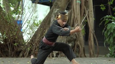 Geleneksel kıyafetli bir dövüş sanatçısı dinamik bir duruşla kılıçlarla poz verir. Arka planda yemyeşil ve ağaçlar var, doğal bir ortam yaratıyor..