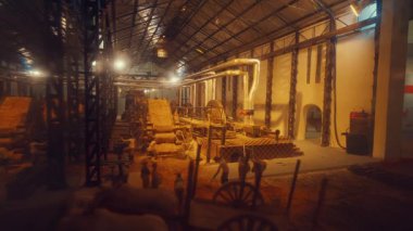 Büyük bir depo ortamında endüstriyel bir iç mekanik ve ekipman sergileniyor. Sahnede, mekanı aydınlatan sıcak, çevresel bir ışık ile çeşitli araç ve yapılar yer alıyor..