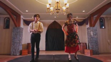 Klasik tarzda bir odada avizeyle dans eden bir kadın ve erkek. Erkek beyaz bir gömlek ve pantolon askısı giyer, kadın ise eldivenli renkli bir elbise giyer. Atmosfer canlı ve zarif..