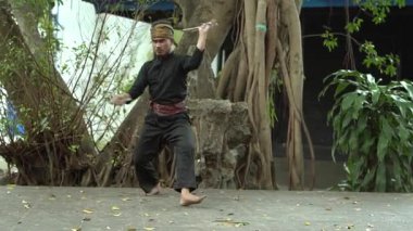 Geleneksel kıyafetli bir sanatçı bir çift sopa kullanarak bir dans ya da dövüş sanatı gösterir. Sahne yemyeşil ve doğal bir zemin içeriyor, canlı bir atmosfer yaratıyor..