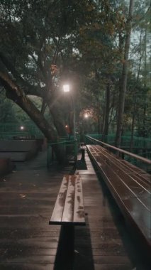 Yeşillik ve ağaçlarla çevrili sakin, ahşap bir patika. Yol sokak lambalarıyla aydınlatılıyor, barışçıl bir atmosfer yaratıyor. Islak ahşap banklar yumuşak ışığı yansıtıyor..