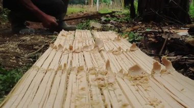 Etrafa saçılmış talaşı ve kırıntıları olan ahşap bir yüzeye yakın çekim görüntüsü. Arka planda, bir kişi ahşap üzerinde çalışıyor, muhtemelen onu oyuyor ya da şekillendiriyor. Ortam yeşillik ve enkaz ile kaplanmış gibi görünüyor..