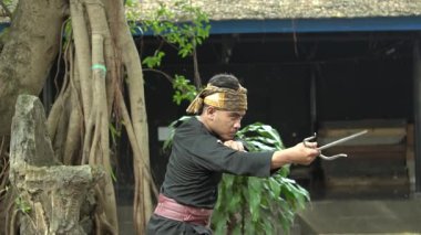 Geleneksel bir dans ya da dövüş sanatları icra eden biri dışarı çıkar, siyah bir kıyafet ve dekoratif bir saç bandı takar. Arka plan yemyeşil ve kırsal bir ortama sahiptir..