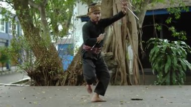 Ağaçlarla çevrili bir ortamda geleneksel formunu koruyan bir dövüş sanatçısı. Oyuncu çıplak ayaklı ve kuşaklı siyah bir kıyafet giyiyor. Bu da bir silahla dinamik bir duruş sergiliyor..