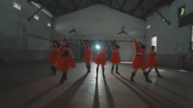 Bir grup kırmızı elbiseli dansçı yüksek tavanlı ve minimum ışıklandırmalı endüstriyel alanda gösteri yapıyorlar. Odak noktası onların senkronize hareketleri ve ifadeleri..