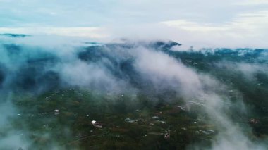 Bereketli yeşil bir manzaranın havadan görünüşü kısmen sis ve bulutlarla örtülmüş, arka planda bir dağ var. Sahne huzurlu ve huzurlu bir atmosfer yakalıyor, doğanın güzelliğini gösteriyor..