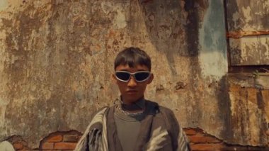 Üç kişi yıpranmış bir duvarın önünde soyulmuş boya ve eski ahşap panjurlarla yürüyor. İlk kişi güneş gözlüğü ve desenli bir kıyafet takıyor, ikincisi kürk gibi bir elbiseye sahip, ve üçüncüsü ise modern, katmanlı bir tarzda giyiniyor.