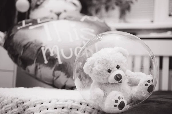 Cute teddy soft bear with heart. Valentine's day or 8 March celebration, surprise gift. Congratulation on 14 February. Love day. Festive interior. Monochrome