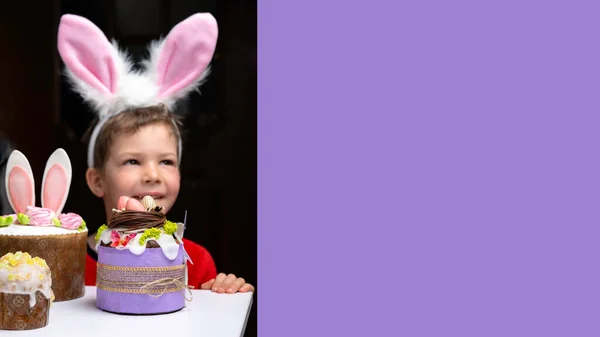 Banner Cute Little Boy Bunny Ears Looking Tasty Easter Sweet — Zdjęcie stockowe