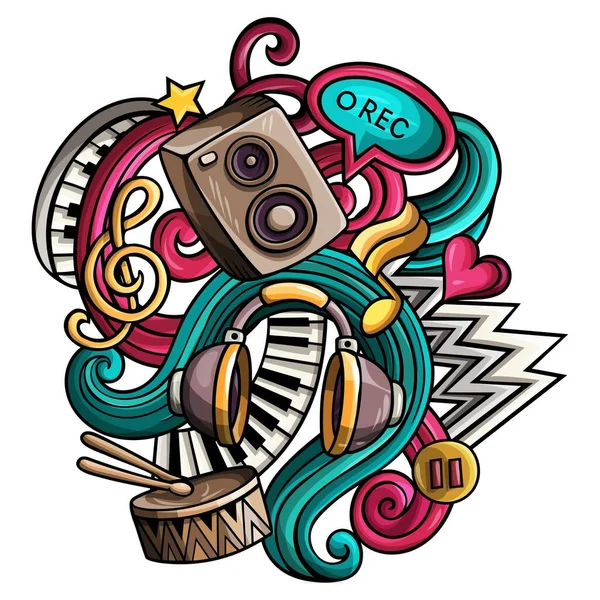 cartoon music note icon and instruments in comic style.