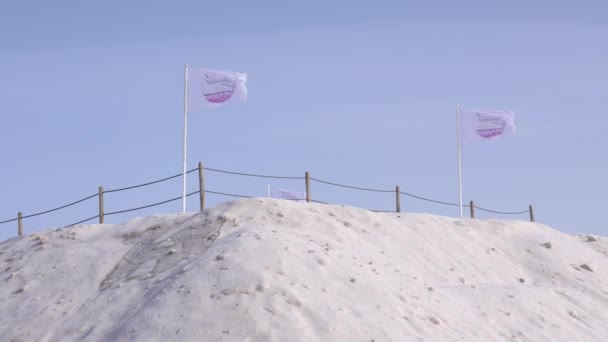 Flaggor Stolpe Flaxar Starka Vindar Toppen Saltkulle Vid Torrevieja Salinas — Stockvideo