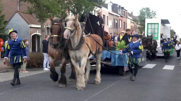 アントワープで地元の伝統的なフェアで馬車を引く馬 ベルギーは遅い動きでWilrijkgeitenstotelと呼ばれます — ストック動画