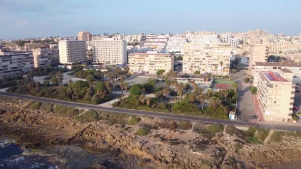 Aerial Drone Shot Cabo Cervera Cliffs Buildings Beautiful Morning Light — Vídeo de stock