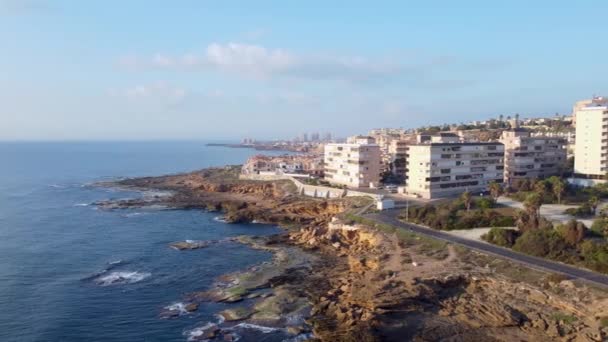 Flygfoto Cabo Cervera Och Mata Stranden Torrevieja Vacker Gyllene Timme — Stockvideo