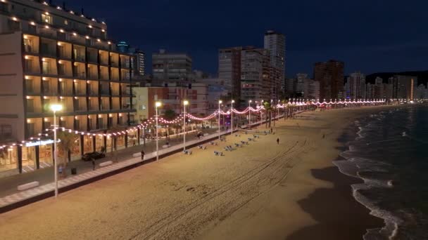 Benidorm Playa Night Lights Promenade Sunlounges Beach — Stock Video