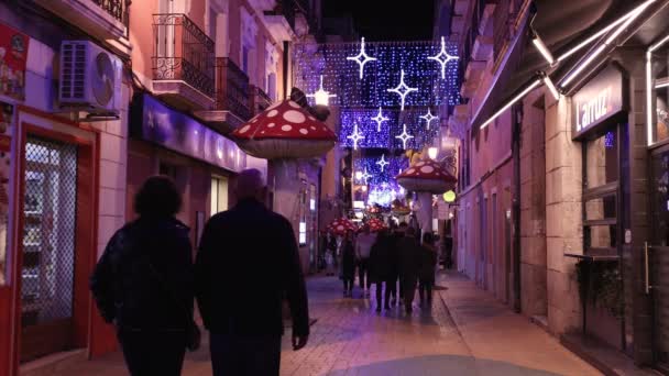 アリカンテの冬の夜に有名なキノコ通りを歩いている人のスローモーションビデオ — ストック動画