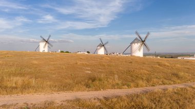 İspanya 'nın Campo de Criptana şehrinde mavi gökyüzünün altındaki çimenli bir tepede üç geleneksel yel değirmeni tarihi mimariyi sergiliyor..