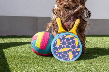 Canlı bir voleybol topunun ve yeşil suni çimenlikte palmiye ağacına yaslanmış desenli raketlerin yakın çekimi..