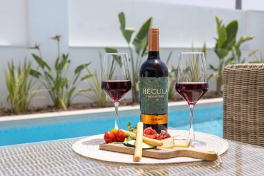 Kırmızı şarap bardakları ve renkli abur cubur tahtasıyla havuz başı şarap ve peynir..