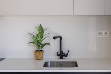 Parlak minimalist bir mutfakta siyah musluktan akan su ve saksı bitkisi..