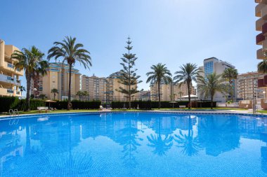 Yüksek apartman binaları ve palmiye ağaçları tarafından çerçevelenmiş büyük ortak bir havuzda kristal berrak mavi su.