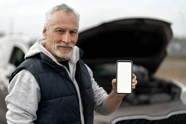 Handsome Senior Man Holding Smartphone Blank Screen Copy Space Mobile — Stock fotografie