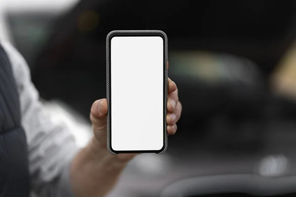 Close Male Hand Holding Modern Smartphone Blank Screen Copy Advertising — Stockfoto