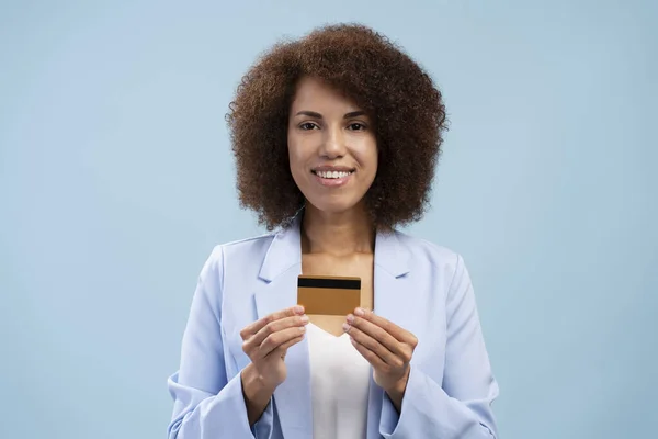 Stunning Millennial Ethnic Woman Afro Hair Holds Credit Card Isolated — Fotografia de Stock