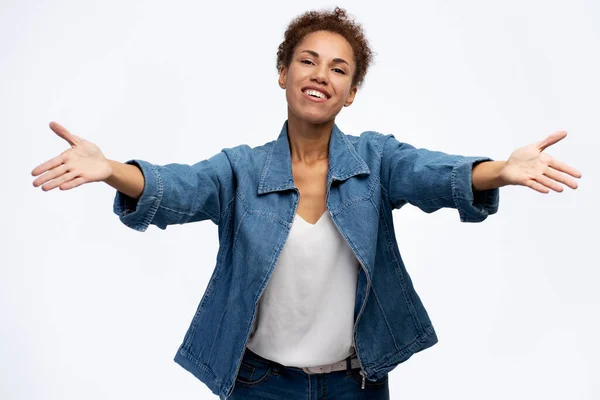 Pleasant Cheerful Friendly African American Woman Casual Denim Holding Out — Stock Photo, Image
