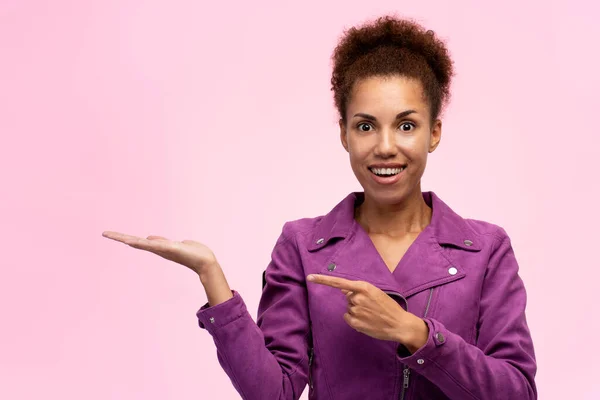 African American Charming Woman Purple Jacket Pointing Forefinger Imaginary Copy — Photo