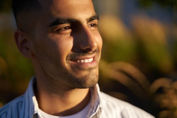 Closeup Portrait Handsome Smiling Middle Eastern Man Looking Away Enjoying — Stock Photo, Image