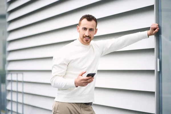 Young Attractive Business Man Using Mobile App Urban Wall Handsome — Stock Photo, Image