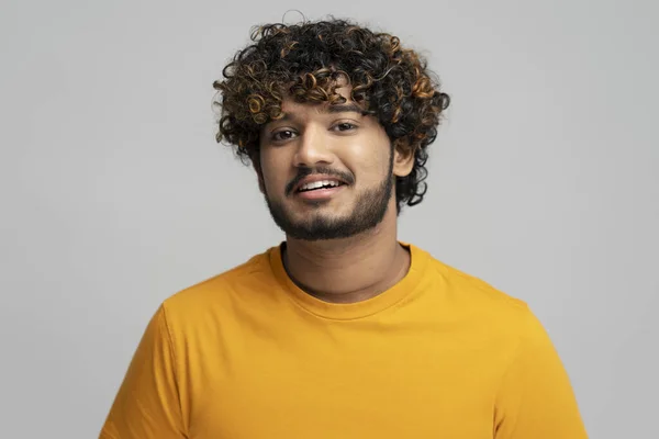 Portrait Smiling Attractive Indian Man Stylish Curly Hair Wearing Yellow — Fotografia de Stock