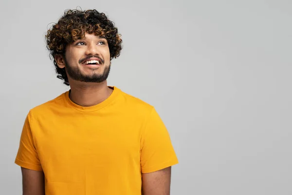Portrait Attractive Smiling Indian Man Stylish Curly Hair Wearing Yellow — Stock Photo, Image