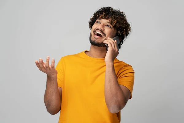 Authentic Portrait Attractive Emotional Indian Man Talking Mobile Phone Looking — Stock Photo, Image