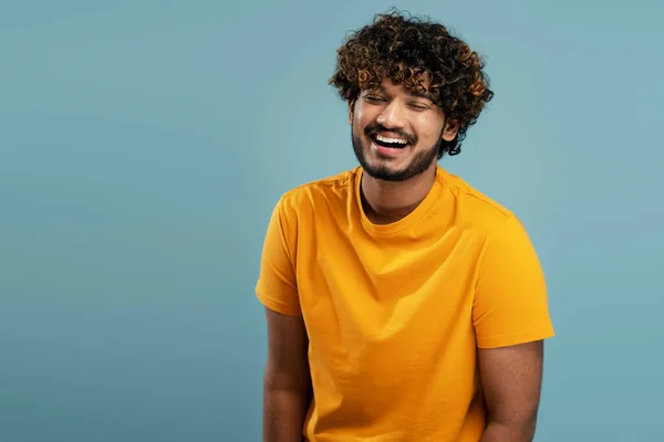Authentic Portrait Attractive Emotional Indian Man Stylish Curly Hair Wearing — Stock Photo, Image