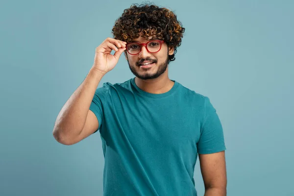 Portrait Confident Smiling Indian Student Wearing Green Shirt Stylish Eyeglasses — Stock Photo, Image