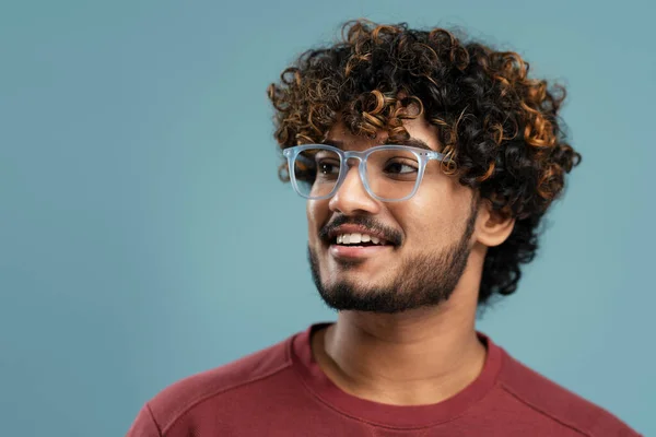 Confident Smiling Indian Student Wearing Stylish Eyeglasses Isolated Blue Background — Fotografia de Stock