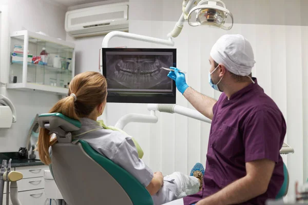 Rear view of an orthodontist dentist pointing at a digital x-ray orthopantomogram, explaining to a female patient the treatment that needs to be done in a dental clinic. Dentistry. Dental practice