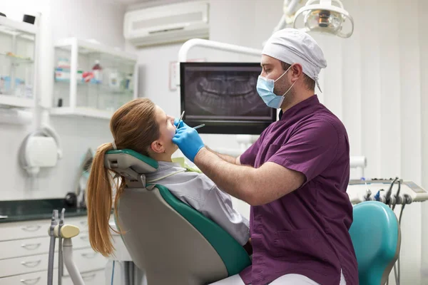 Doctor Dentist Orthodontist Conducting Examination Oral Cavity Female Patient Dental — Stock Photo, Image