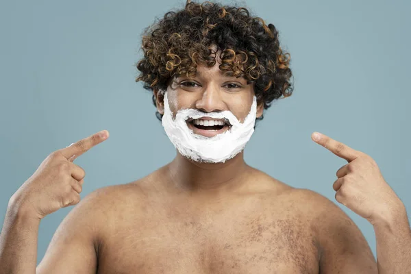 Young Indian Man Naked Torso Shaving Foam His Face Pointing — Stok fotoğraf