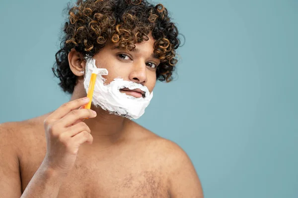 Handsome Asian Guy Curly Hair Shaving Foam His Face Using — Stok fotoğraf