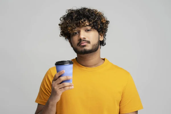 Handsome Curly Haired Bearded Young Indian Guy Yellow Shirt Holding — Stock Photo, Image