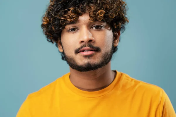 Cropped Portrait Curly Haired Bearded Young Hipster Indian Man Yellow — Stok fotoğraf