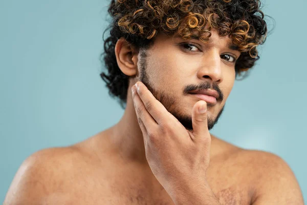 Close Beauty Portrait Young Handsome Curly Haired Indian Man Enjoying — Stock Photo, Image