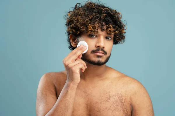 Glamour Bearded Asian Guy Naked Torso Removing Makeup Applying Cleansing — Stok fotoğraf