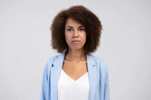 Successful African American Female Entrepreneur Standing Looking Camera Isolated Grey — Zdjęcie stockowe