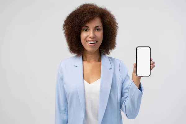 Portrait Positive Smiling Businesswoman Showing Smartphone Blank Screen Feeling Excited — Stockfoto