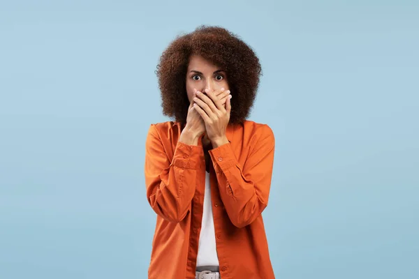 Afro Hairstyle Woman Closing Mouth Scream Feeling Frightened Terrified Eyes — Foto Stock